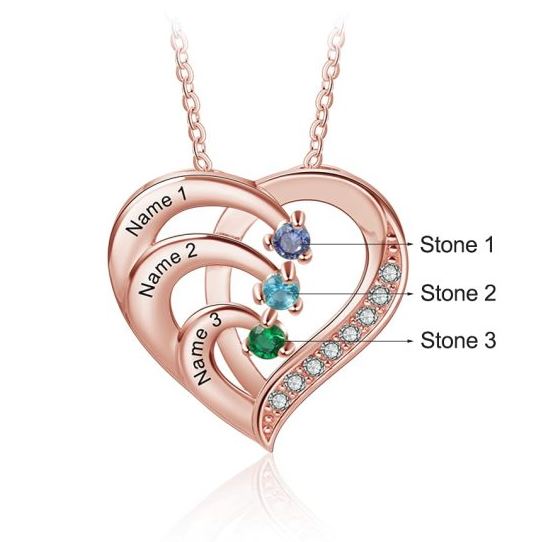 ThinkEngraved mothers necklace 14K Rose Gold Over Sterling Silver 3 Birthstone Heart Name Necklace - Birthstone Heart Mother's Necklace