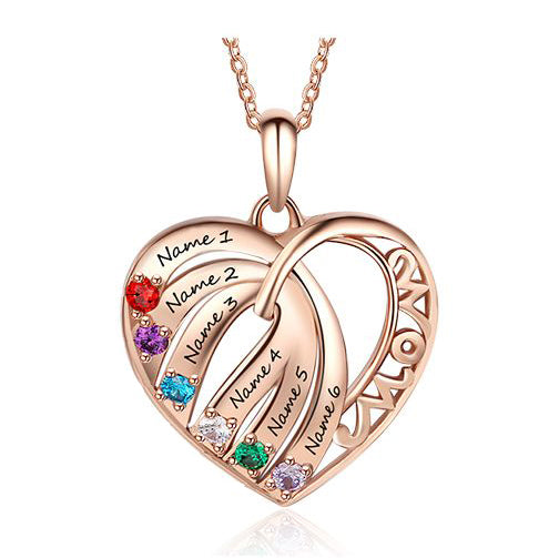 ThinkEngraved mothers necklace 14k rose gold over sterling silver Personalized 6 Stone Mother's Necklace MOM Heart Pendant 6 Names