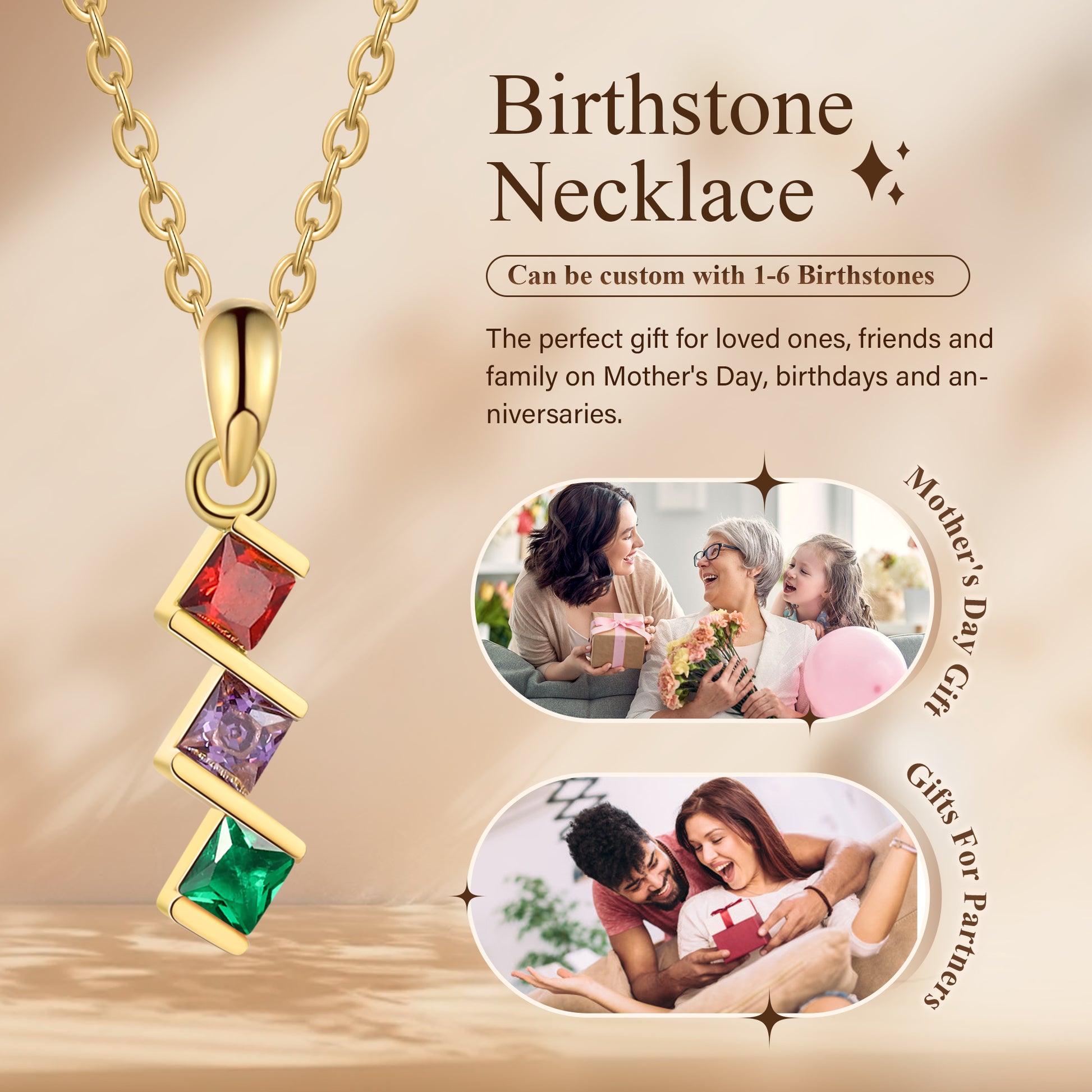 ThinkEngraved mothers necklace 3 Birthstone Elegant Square Stone Mother's Necklace