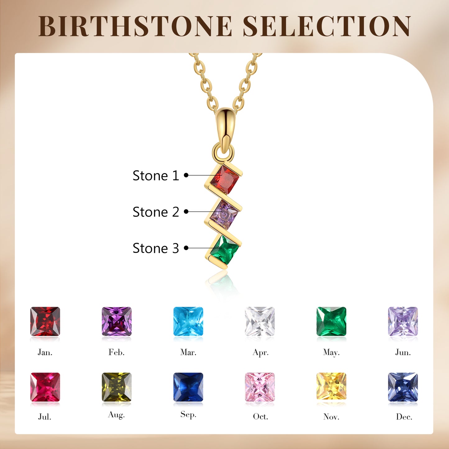 ThinkEngraved mothers necklace 3 Birthstone Elegant Square Stone Mother's Necklace