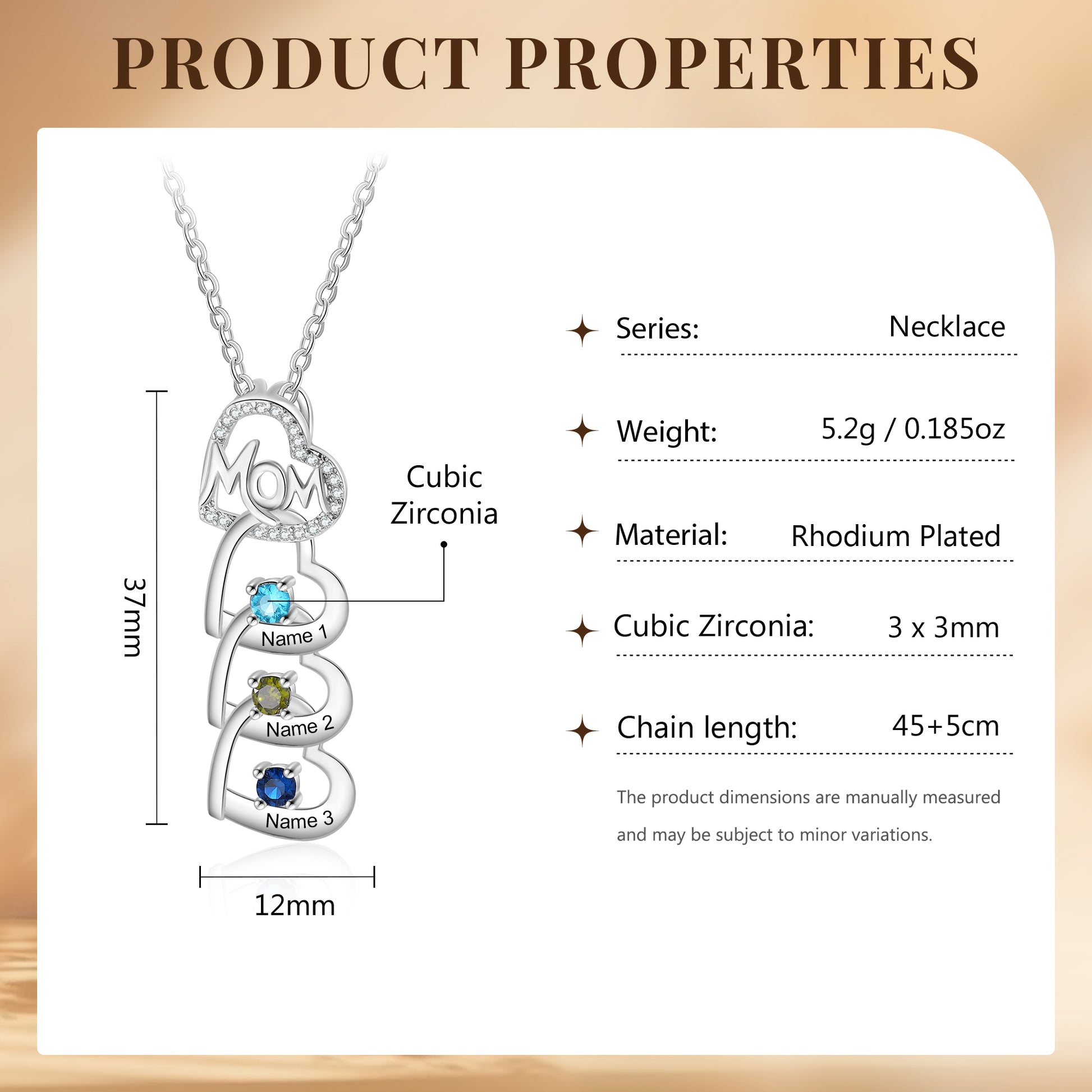 ThinkEngraved mothers necklace 3 Stone Mom's Hearts Necklace: Personalized Silver Mother's Pendant