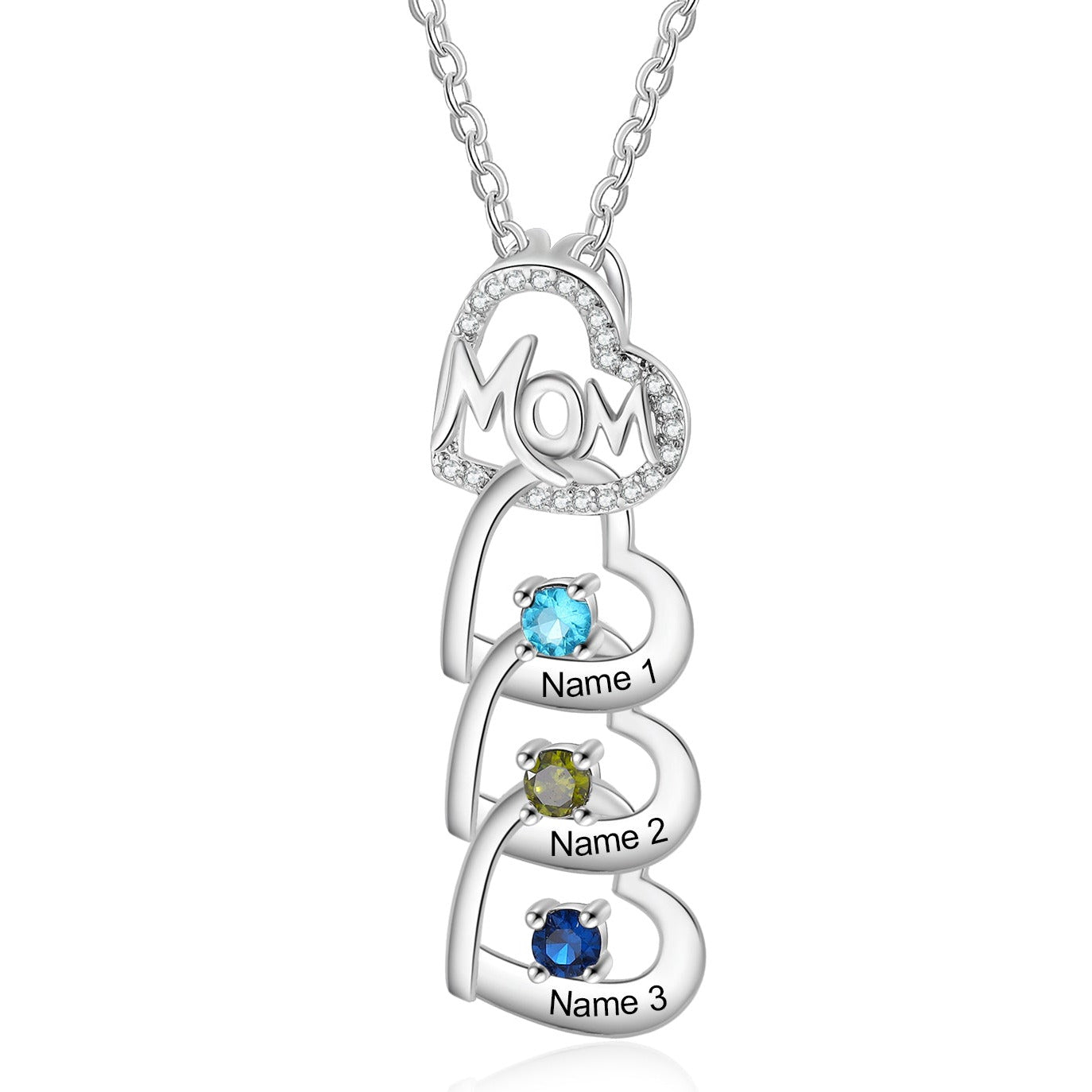 ThinkEngraved mothers necklace 3 Stone Mom's Hearts Necklace: Personalized Silver Mother's Pendant