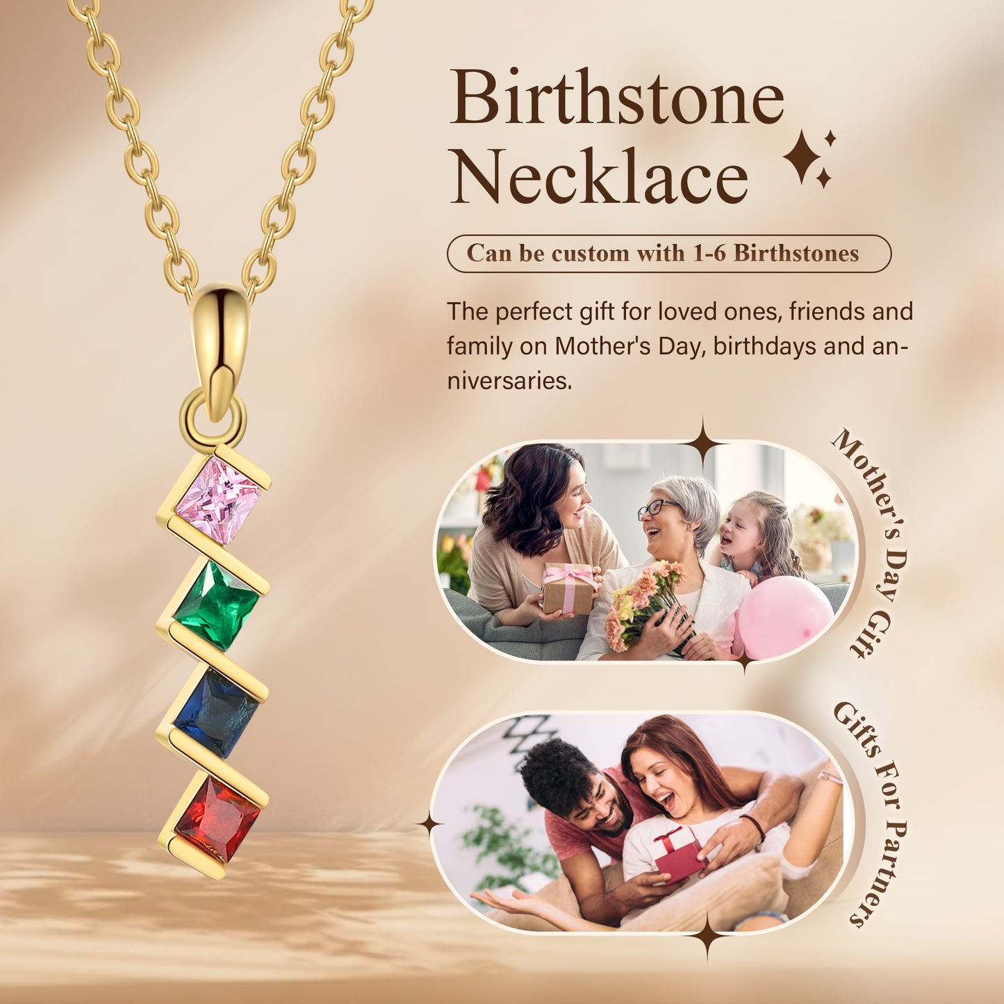 ThinkEngraved mothers necklace 4 Birthstone Elegant Square Stone Mother's Necklace