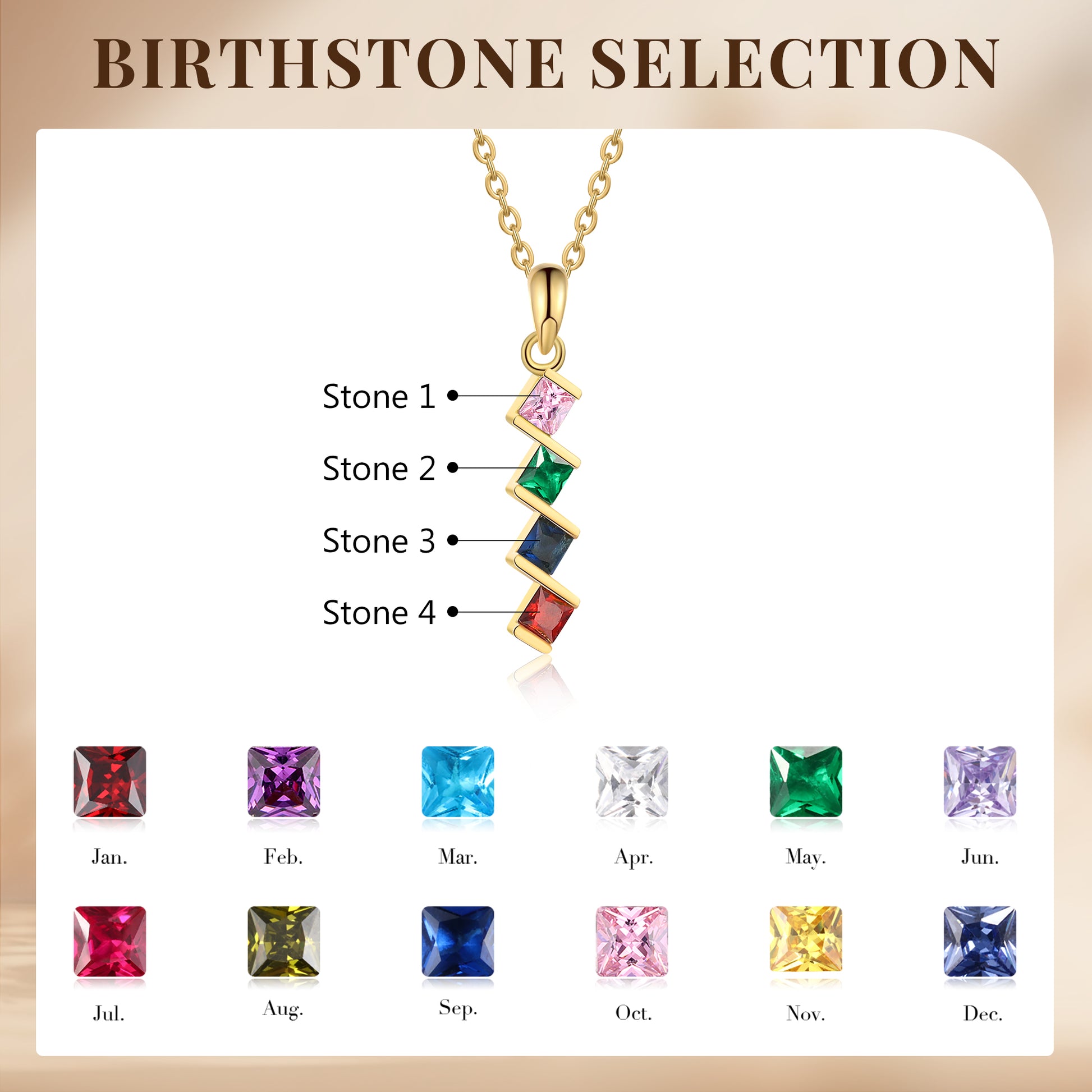 ThinkEngraved mothers necklace 4 Birthstone Elegant Square Stone Mother's Necklace