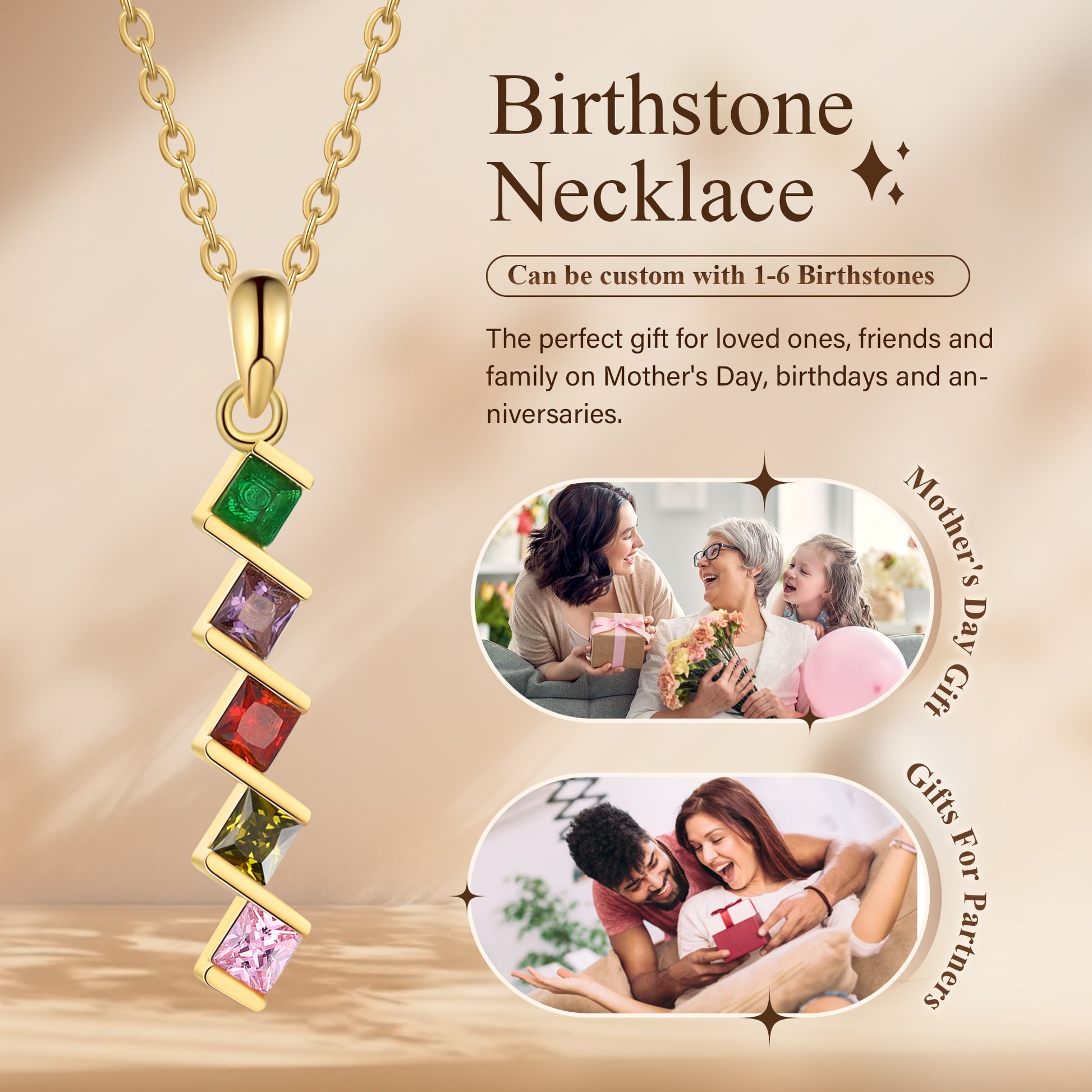 ThinkEngraved mothers necklace 5 Birthstone Elegant Square Stone Mother's Necklace