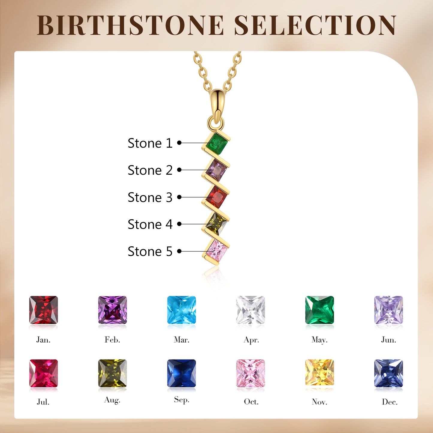 ThinkEngraved mothers necklace 5 Birthstone Elegant Square Stone Mother's Necklace