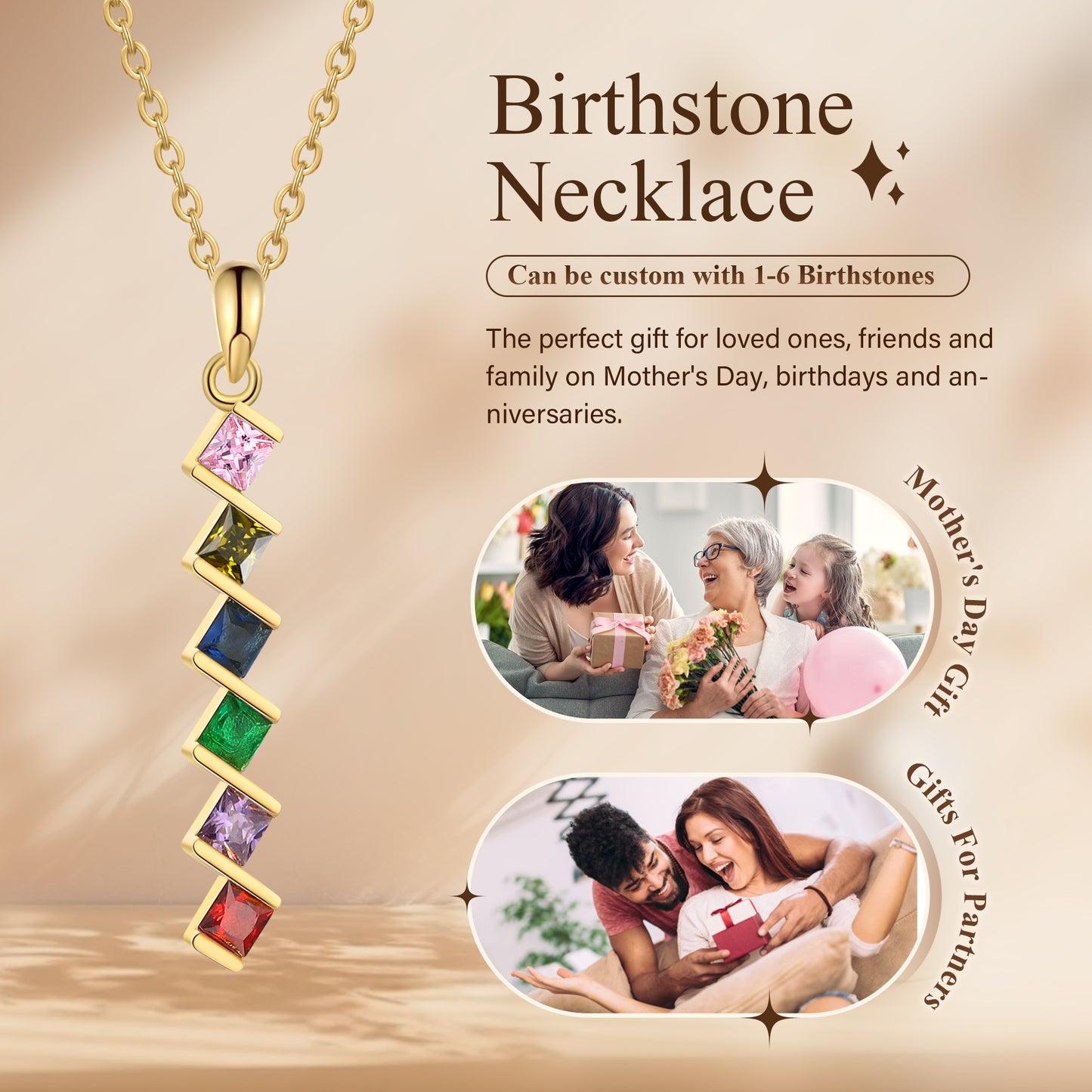 ThinkEngraved mothers necklace 6 Birthstone Elegant Square Stone Mother's Necklace