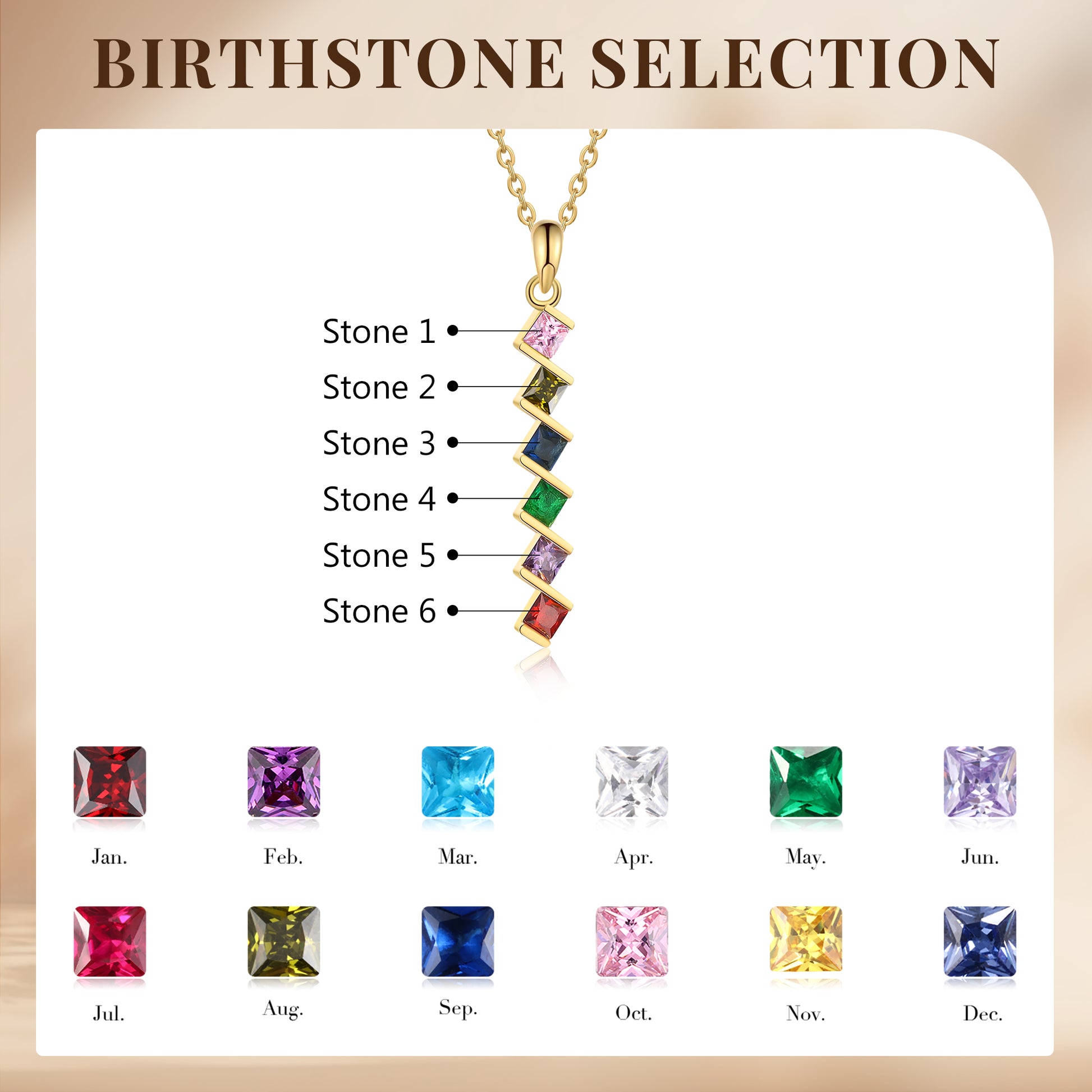 ThinkEngraved mothers necklace 6 Birthstone Elegant Square Stone Mother's Necklace