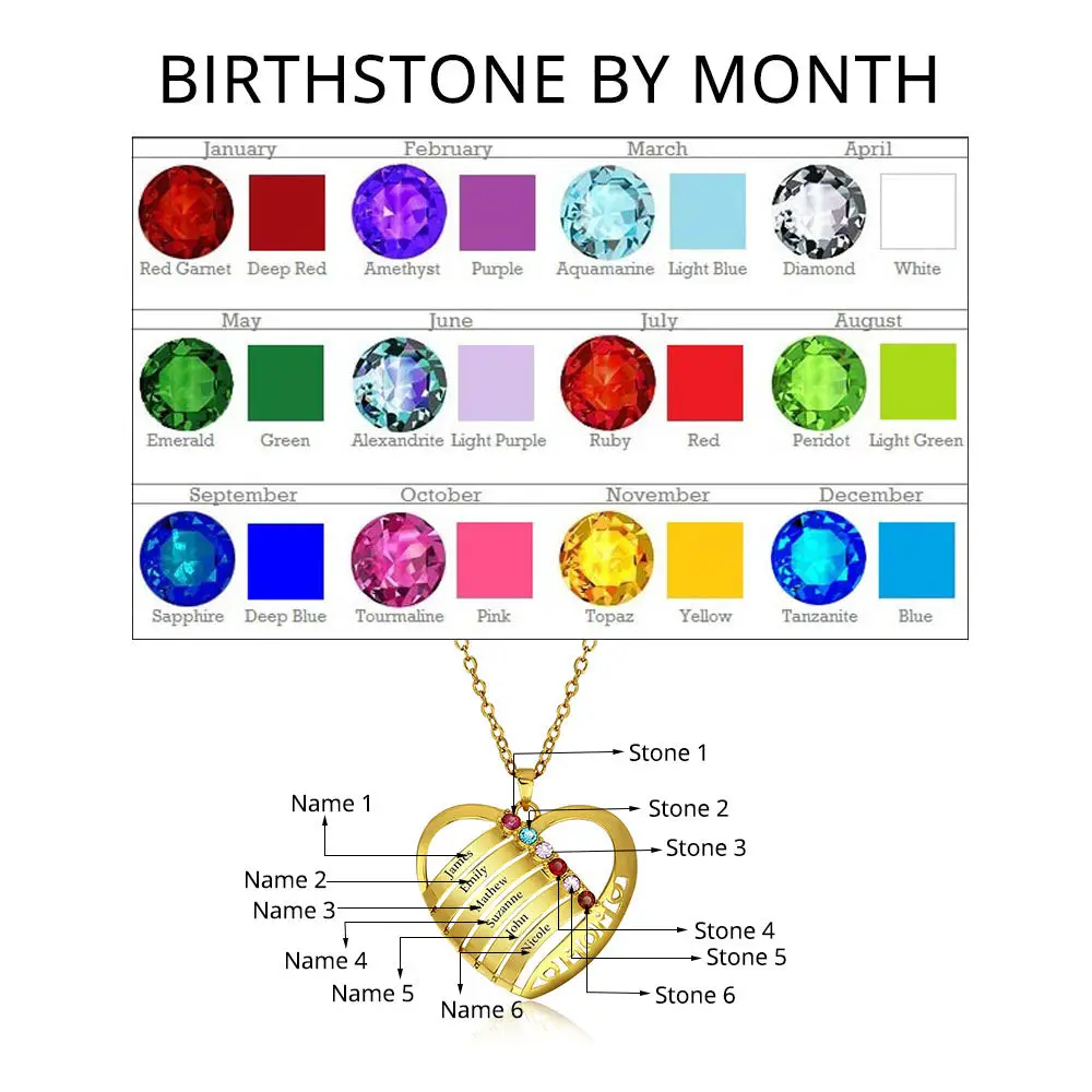 ThinkEngraved mothers necklace 6 Birthstone Gold Mother's Necklace In Mom's Heart Pendant 6 Names