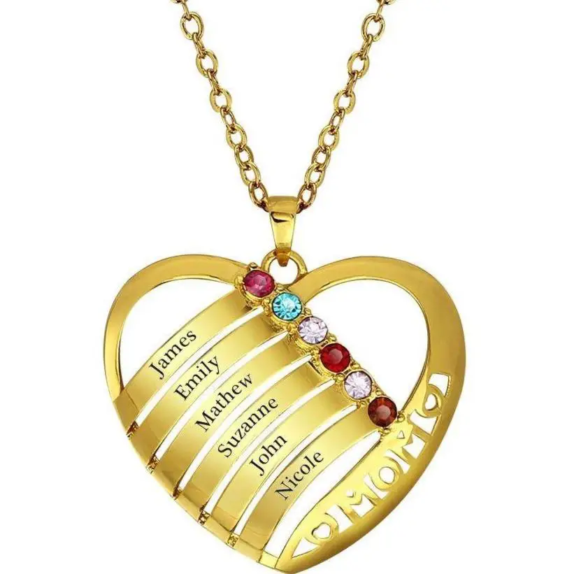 ThinkEngraved mothers necklace 6 Birthstone Gold Mother's Necklace In Mom's Heart Pendant 6 Names
