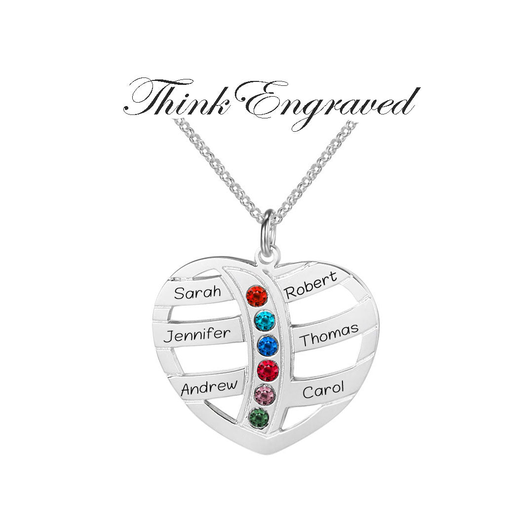 ThinkEngraved mothers necklace 6 Birthstone Silver Heart Mother's Necklace 6 Engraved Names