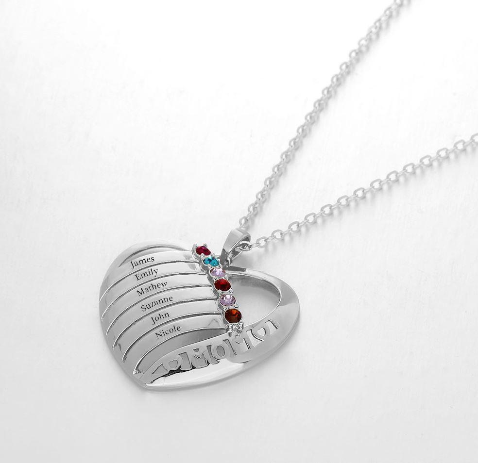 ThinkEngraved mothers necklace 6 Birthstone Silver Mother's Necklace In Mom's Heart Pendant 6 Names