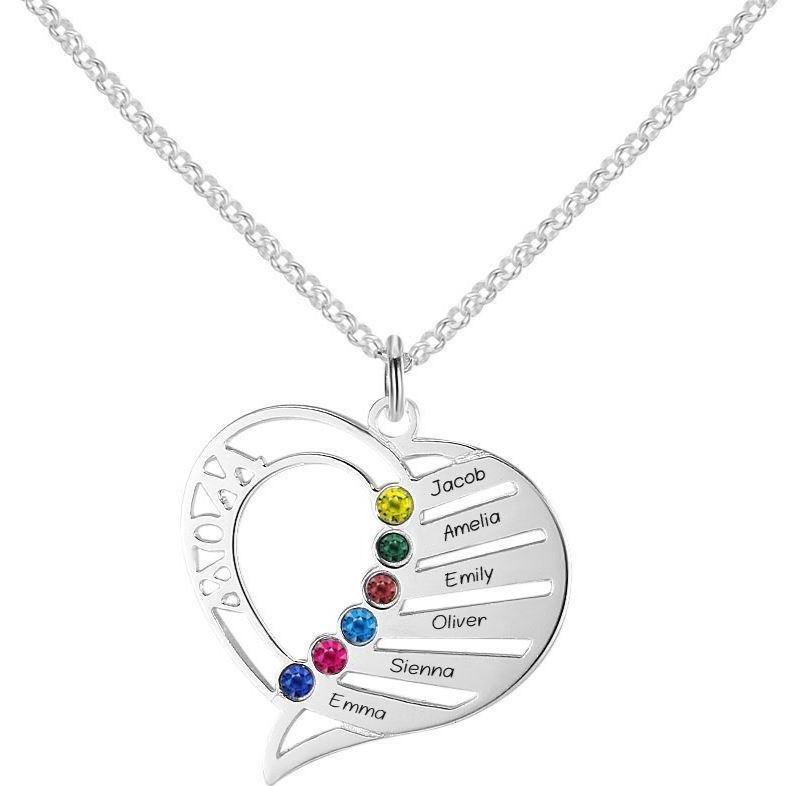ThinkEngraved mothers necklace 6 Birthstone Silver Mother's Necklace Mom's Heart Pendant 6 Names