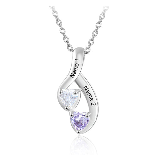 ThinkEngraved mothers necklace .925 sterling silver Personalized 2 Heart Stone Mother's Necklace Hanging Hearts  2 Engraved Names