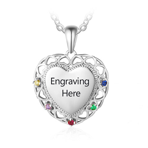 ThinkEngraved mothers necklace .925 sterling silver Personalized 5 Birthstone Mother's Necklace Engraved Heart Pendant
