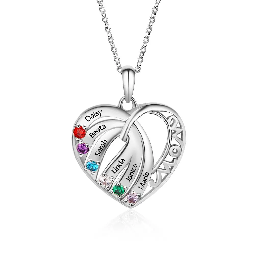 ThinkEngraved mothers necklace .925 sterling silver Personalized 6 Stone Mother's Necklace MOM Heart Pendant 6 Names