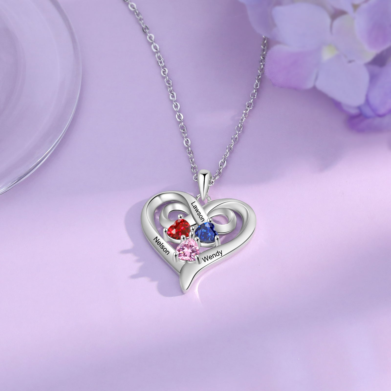 ThinkEngraved mothers necklace Custom 3 Stone Infinity Heart Necklace: Personalized Stainless Steel Mother's Pendant