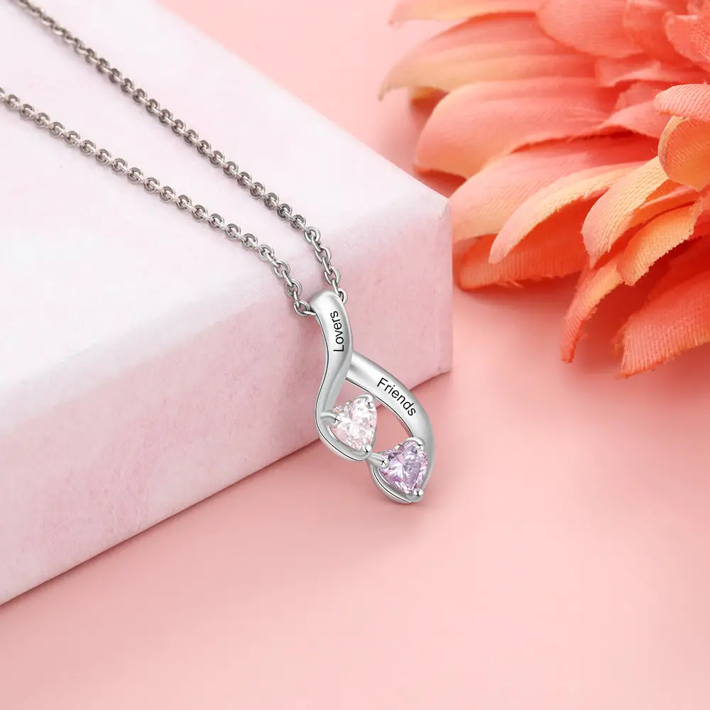 ThinkEngraved mothers necklace Personalized 2 Heart Stone Mother's Necklace Hanging Hearts  2 Engraved Names