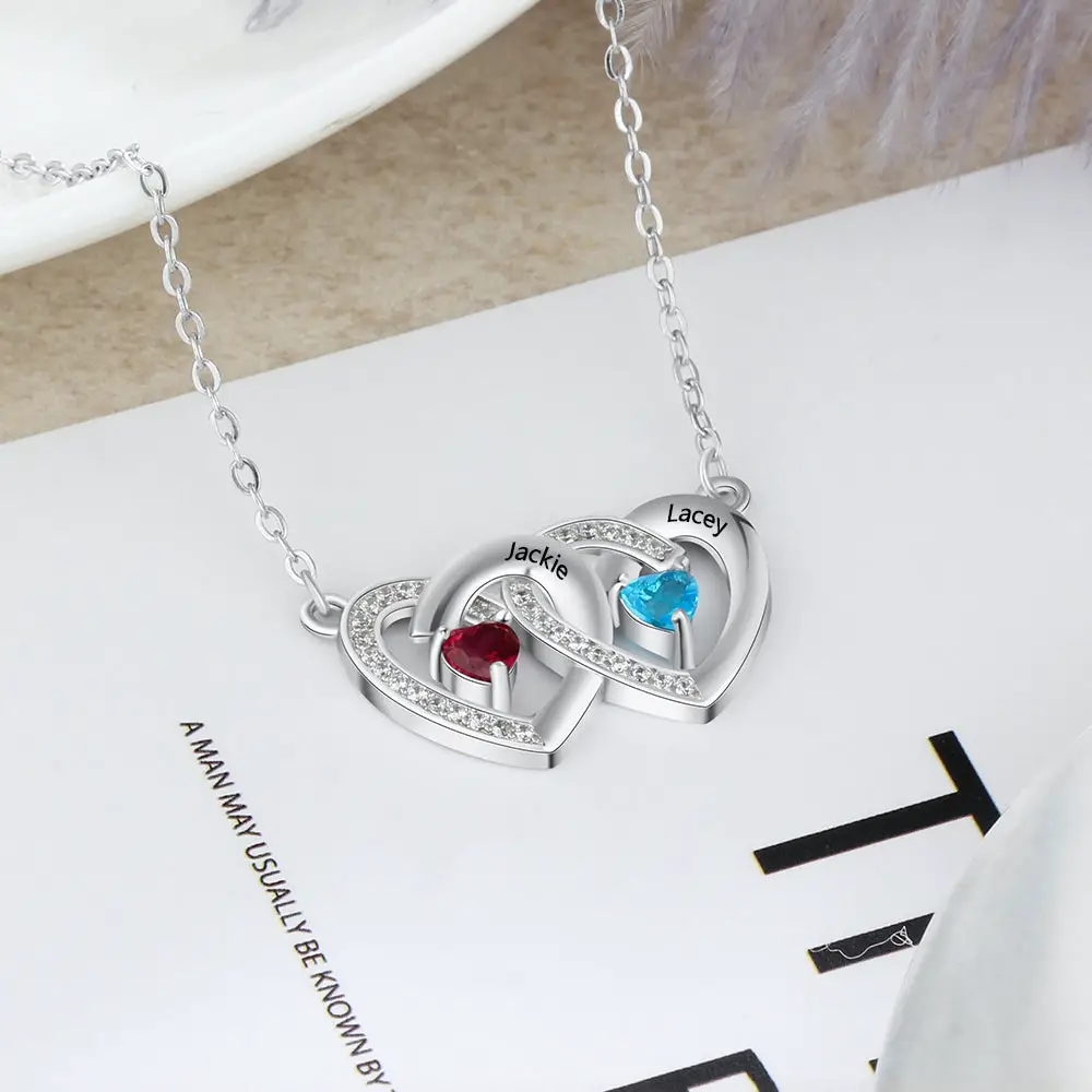 ThinkEngraved mothers necklace Personalized 2 Stone Mother's Necklace Paved Hearts 2 Engraved Names