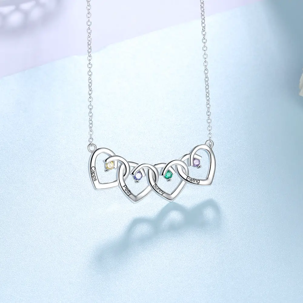 ThinkEngraved mothers necklace Personalized 4 Hearts Mother's Necklace 4 Stone 4 Engraved Names