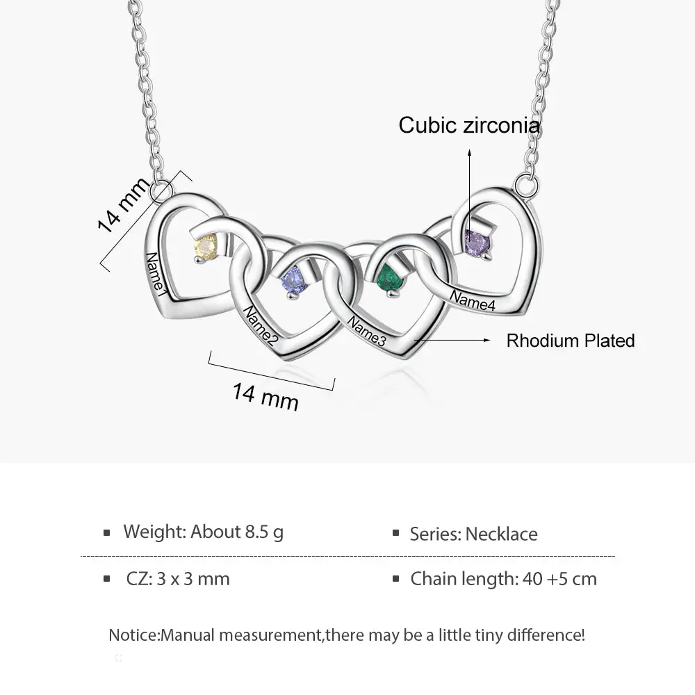 ThinkEngraved mothers necklace Personalized 4 Hearts Mother's Necklace 4 Stone 4 Engraved Names