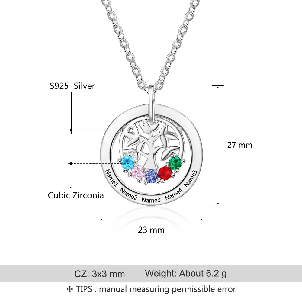 ThinkEngraved mothers necklace Personalized 5 Birthstone Family Tree Mother's Necklace 5 Engraved Names