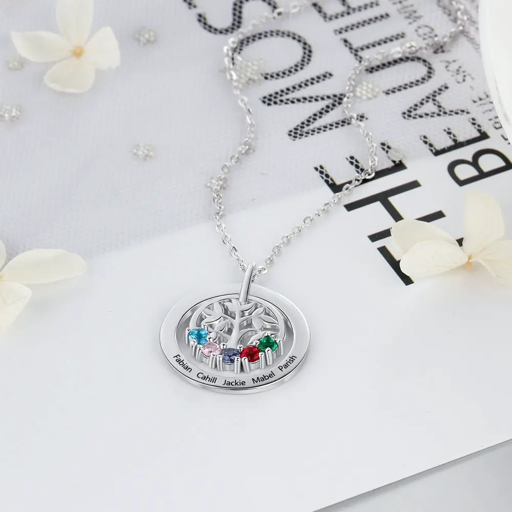 ThinkEngraved mothers necklace Personalized 5 Birthstone Family Tree Mother's Necklace 5 Engraved Names