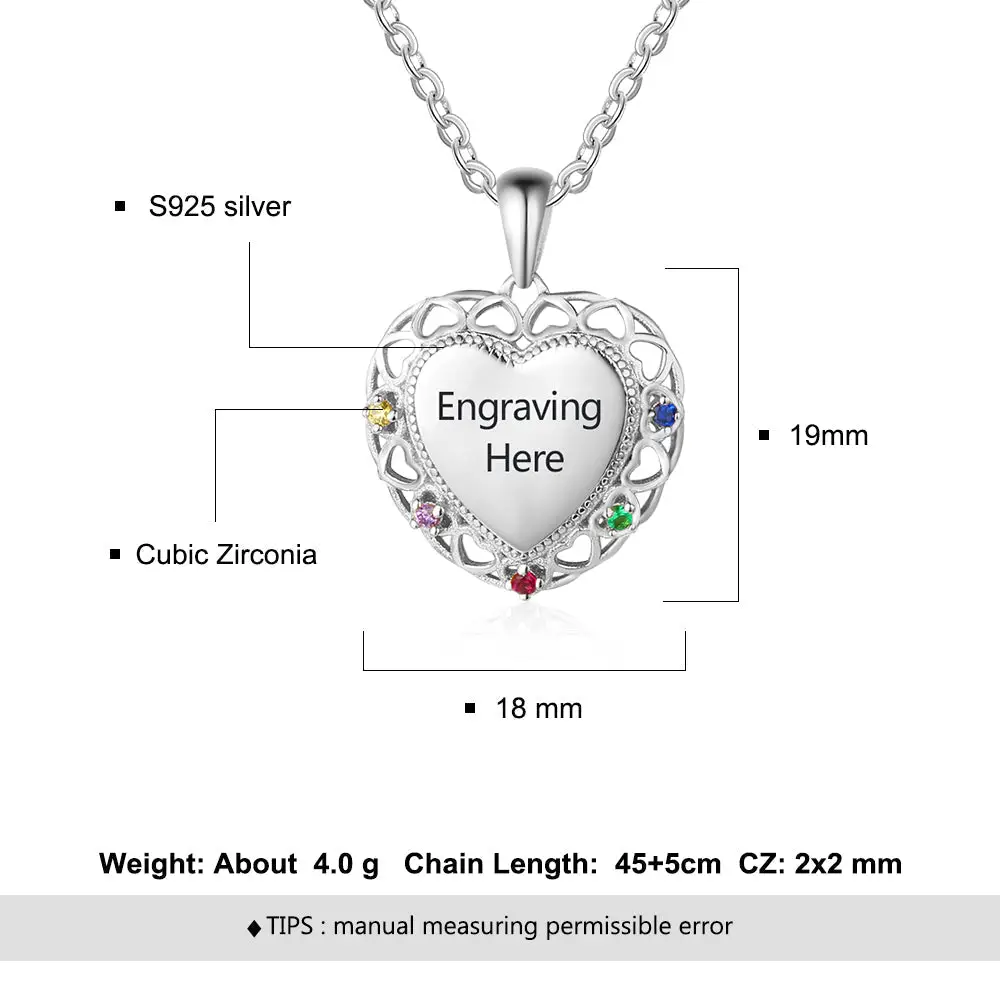 ThinkEngraved mothers necklace Personalized 5 Birthstone Mother's Necklace Engraved Heart Pendant