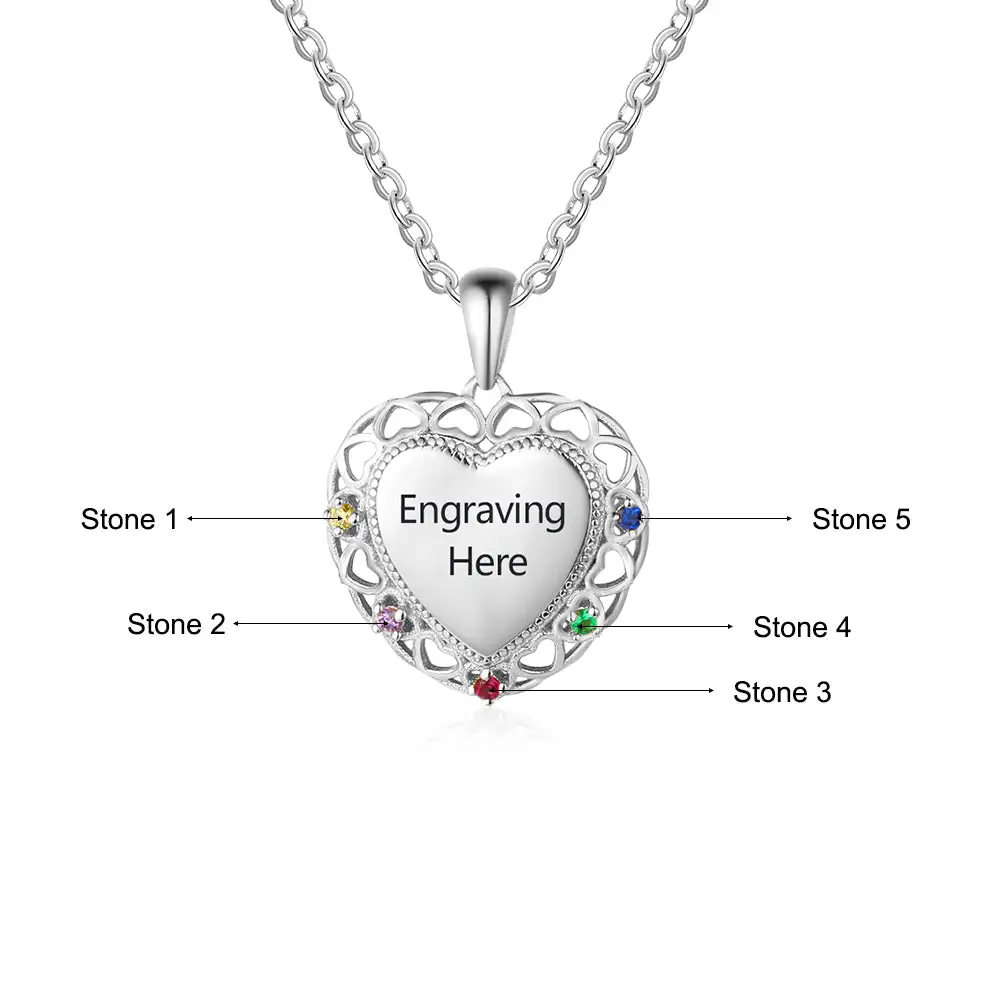 ThinkEngraved mothers necklace Personalized 5 Birthstone Mother's Necklace Engraved Heart Pendant