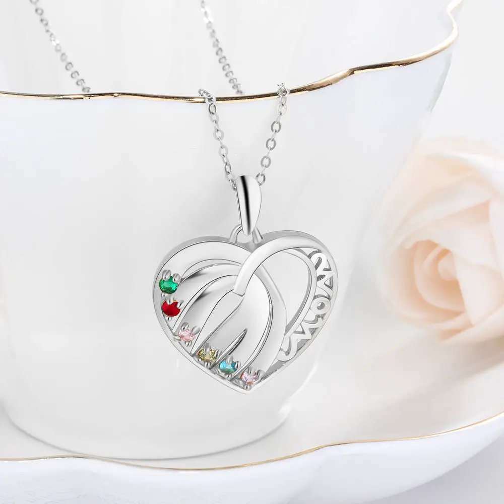 ThinkEngraved mothers necklace Personalized 6 Stone Mother's Necklace MOM Heart Pendant 6 Names