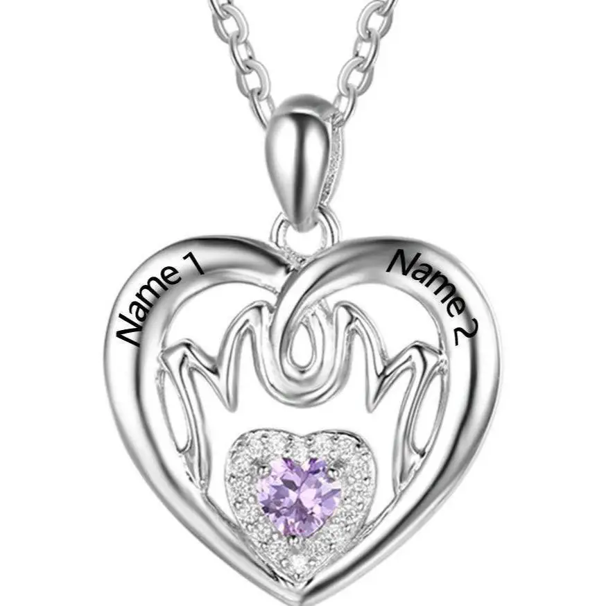 ThinkEngraved mothers necklace Personalized Birthstone MOM Mothers Necklace Heart Shape 2 Names