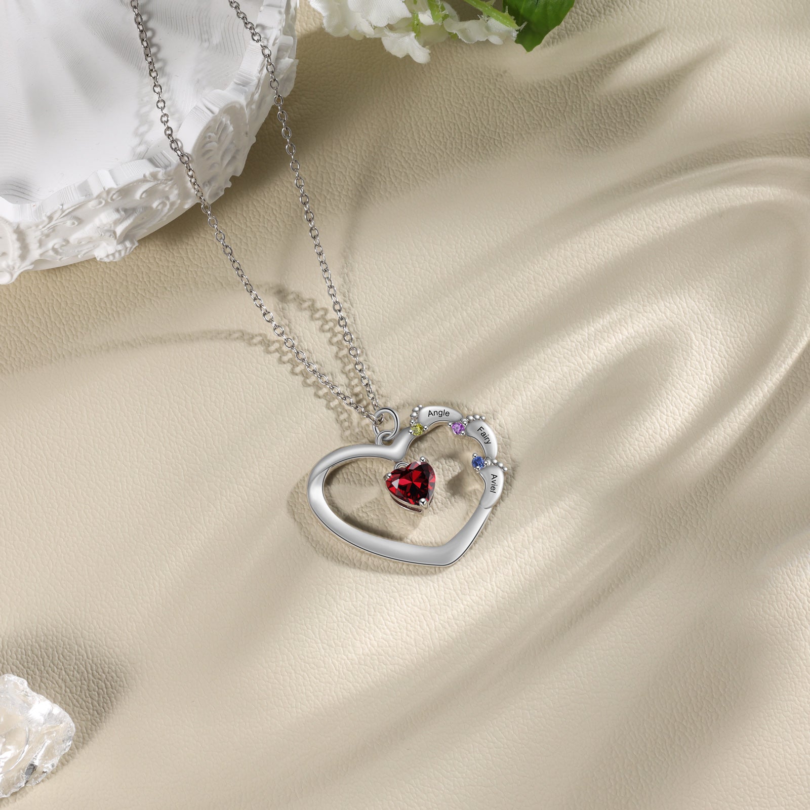 ThinkEngraved mothers necklace Personalized Mother's Necklace Heart and Baby Feet 4 Birthstone 3 Names Dangle Gem