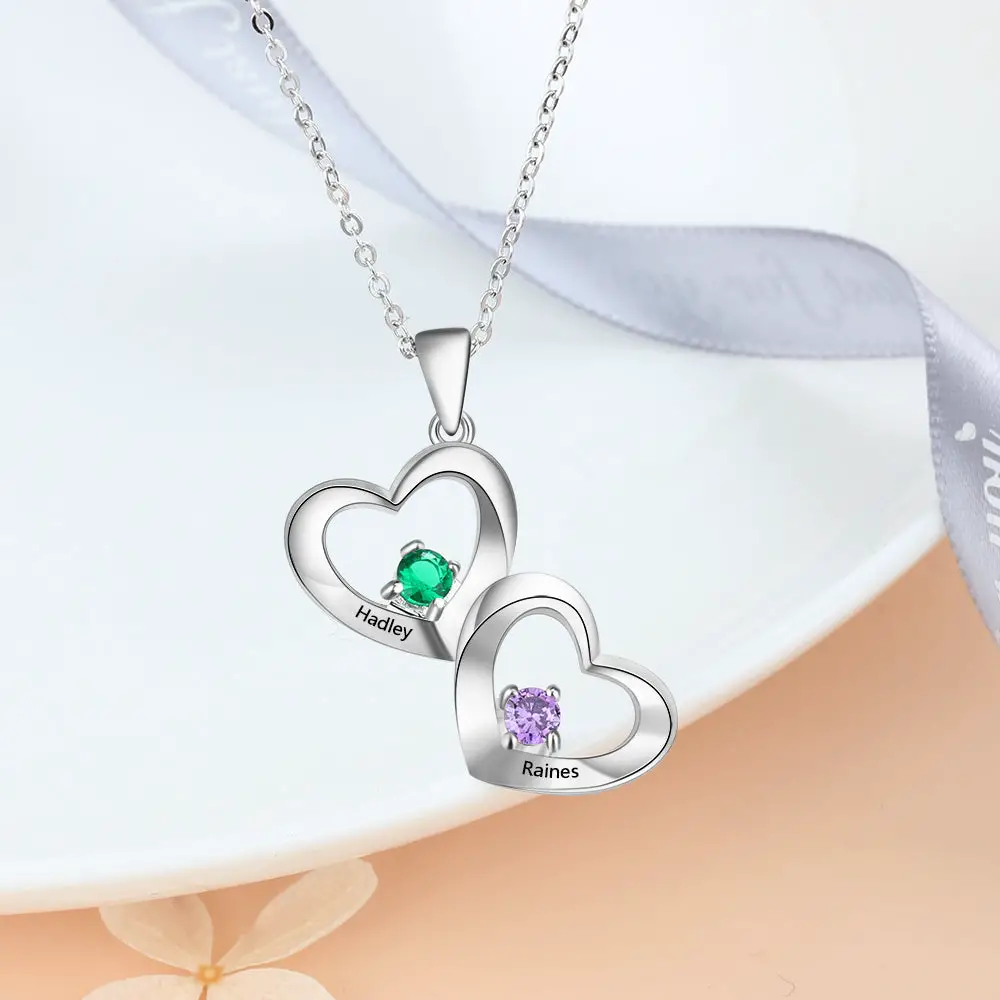 ThinkEngraved mothers necklace Personalized Mother's Ring 2 Birthstones 2 Hearts 2 Engraved Names