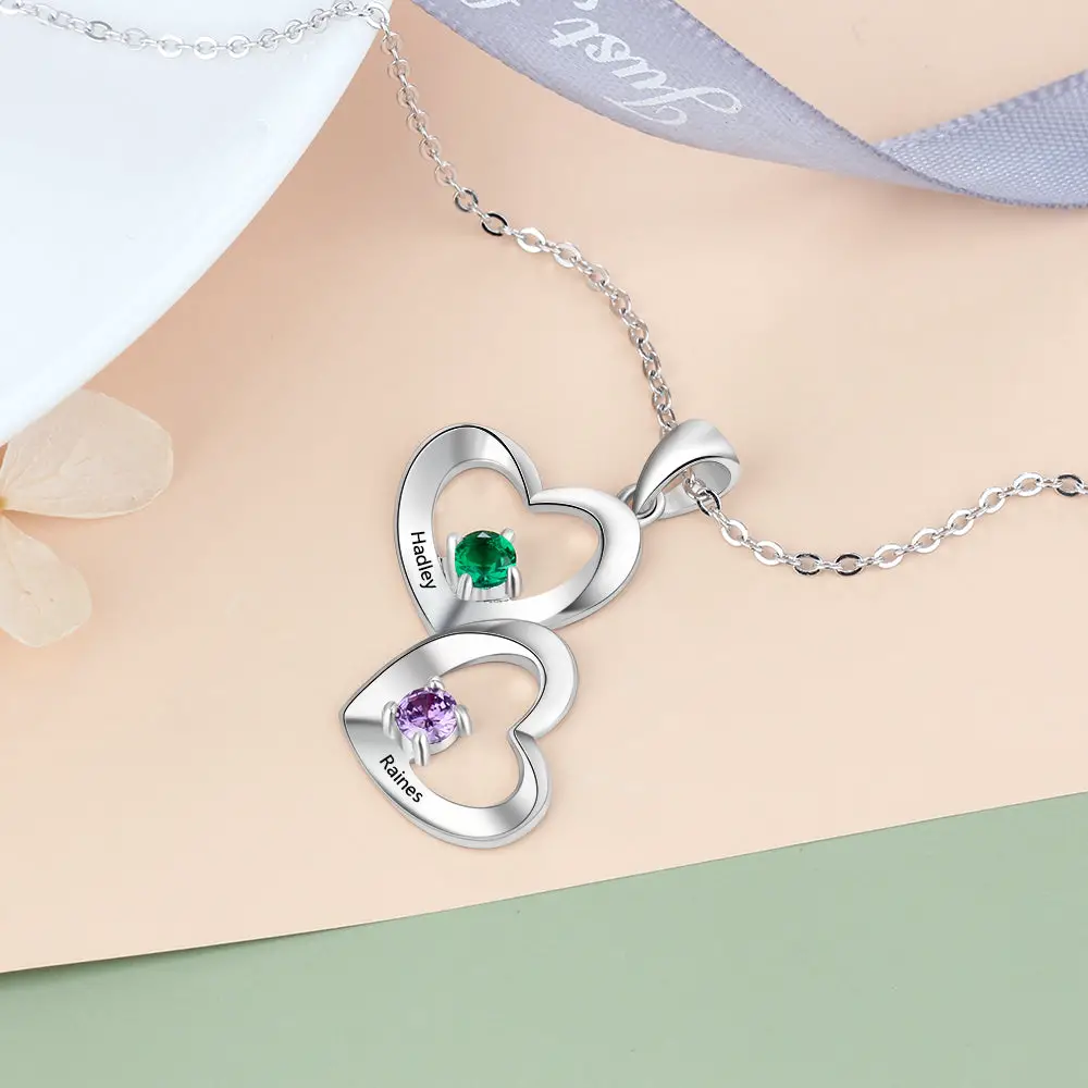 ThinkEngraved mothers necklace Personalized Mother's Ring 2 Birthstones 2 Hearts 2 Engraved Names