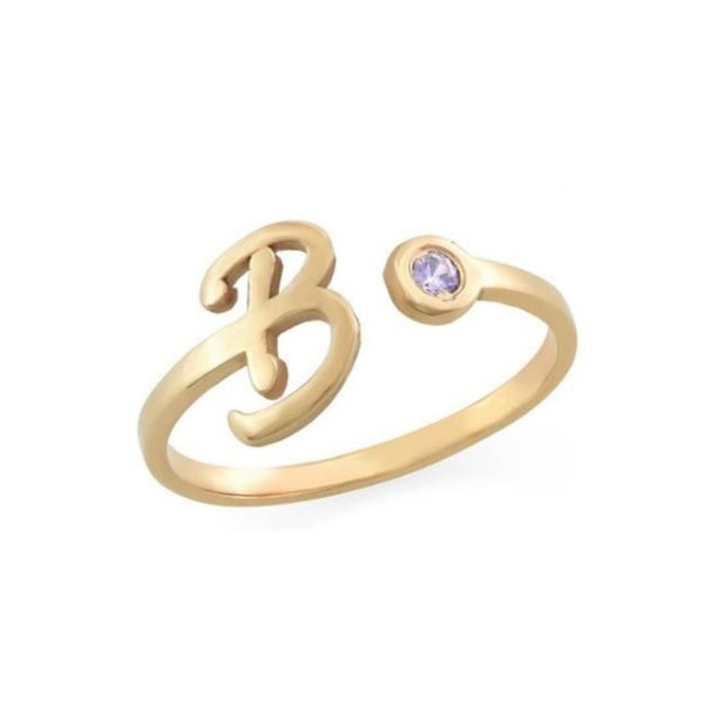ThinkEngraved Peronalized Ring 14k gold over sterling silver Hand Forged Initial Ring With Your Choice Of Birthstone - Silver, Gold or Rose Gold