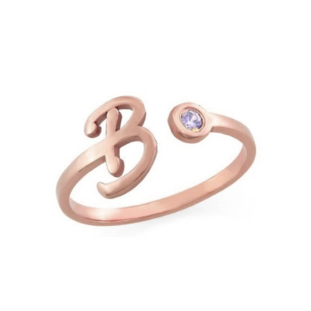 ThinkEngraved Peronalized Ring 14k rose gold over sterling silver Hand Forged Initial Ring With Your Choice Of Birthstone - Silver, Gold or Rose Gold