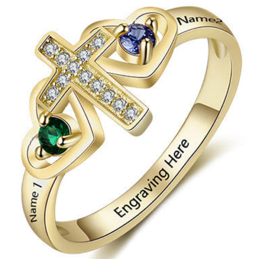 ThinkEngraved Peronalized Ring 5 / 18k Gold Over Silver Custom Engraved Name and 2 Birthstone Cross Mother's Ring .925 Sterling Silver
