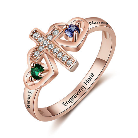 ThinkEngraved Peronalized Ring 5 / 18k Rose Gold Over Silver Custom Engraved Name and 2 Birthstone Cross Mother's Ring .925 Sterling Silver