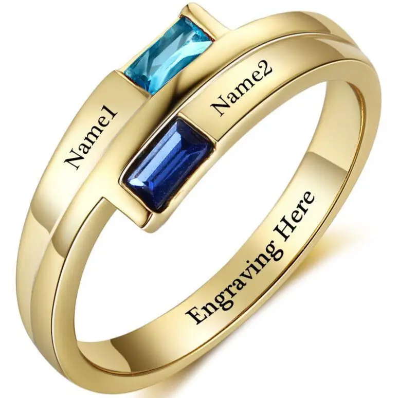 ThinkEngraved Peronalized Ring 5 Personalized 2 Baguette Stones Gold Mother's Ring 2 Engraved Names