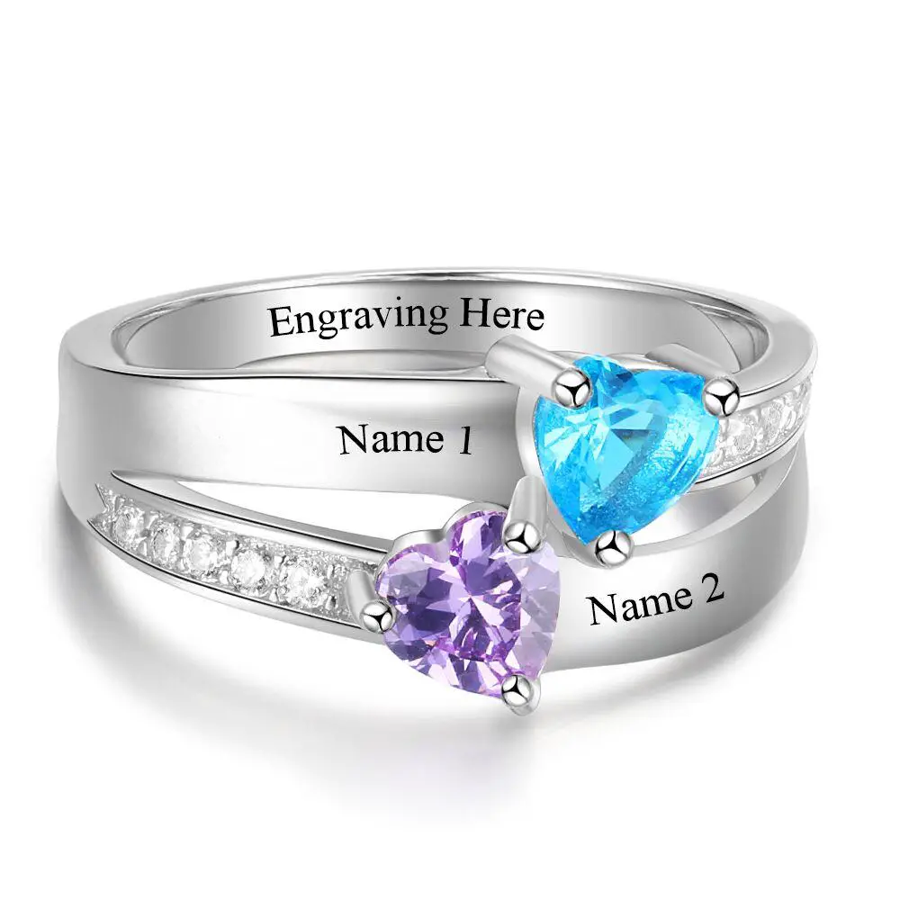 ThinkEngraved Peronalized Ring 5 Personalized 2 Birthstone Mother's Ring Elegant Hearts 2 Engraved Names
