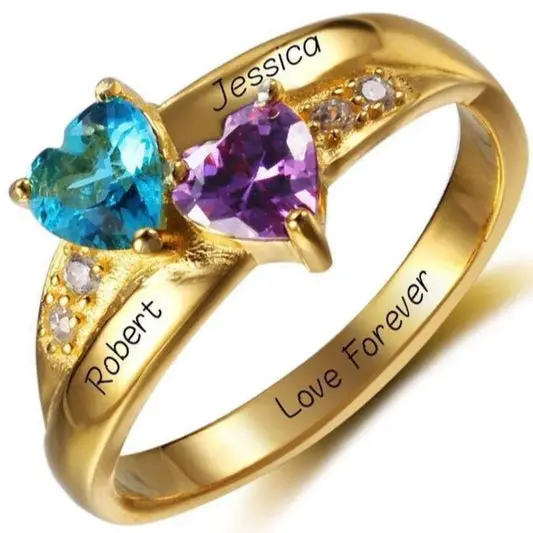ThinkEngraved Peronalized Ring 5 Personalized Gold Mothers Ring 2 Heart Birthstones Loves Best 2 Names
