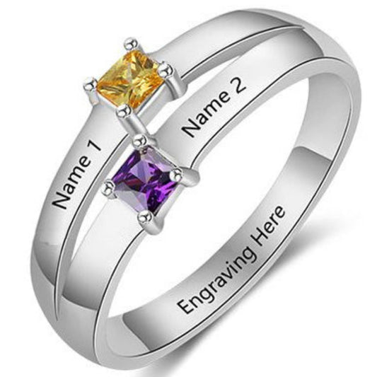 ThinkEngraved Peronalized Ring 6 / .925 Sterling Silver Personalized Mother's Ring 2 Birthstones Pillow Cut 2 Engraved Names