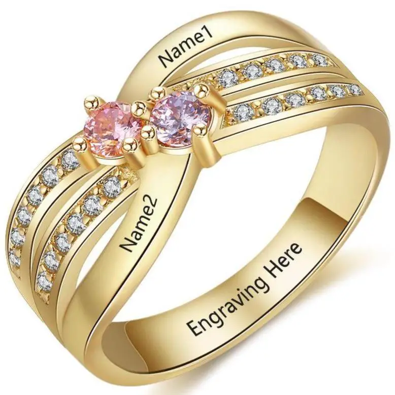 ThinkEngraved Peronalized Ring 6 Gold Mother's Ring 2 Birthstones X-Band 2 Engraved Names Paved Gems