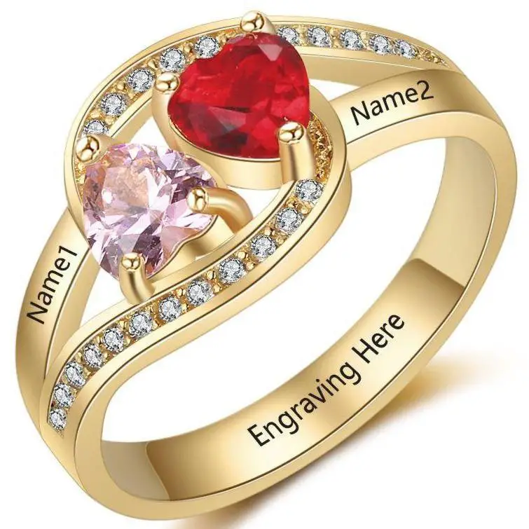 ThinkEngraved Peronalized Ring 6 Personalized 2 Birthstone Gold Mother's Ring Passing Hearts 2 Engraved Names