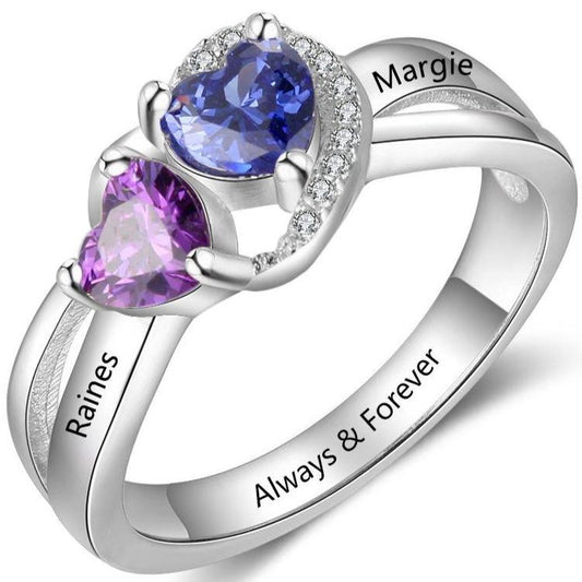 ThinkEngraved Peronalized Ring 6 Personalized 2 Heart Birthstone Mother's Hearts 2 Engraved Names