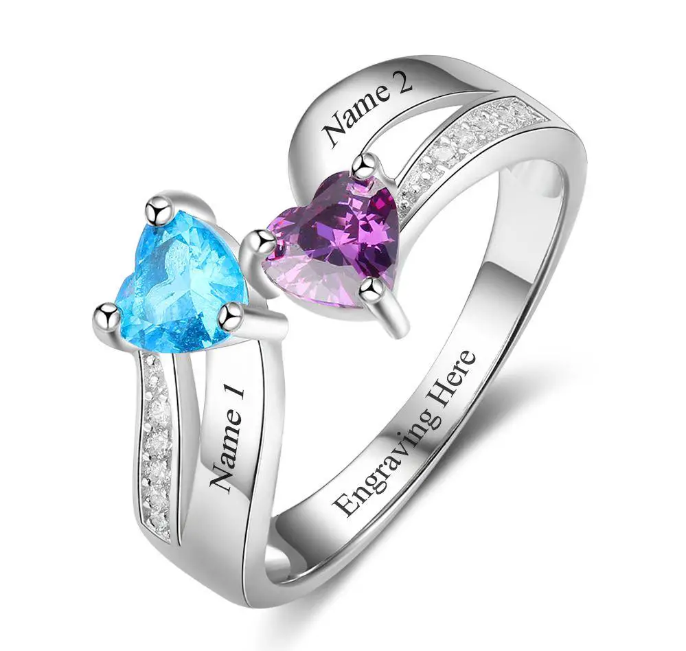 ThinkEngraved Peronalized Ring 6 Personalized 2 Heart Birthstone Mother's Ring Tiered Hearts 2 Names