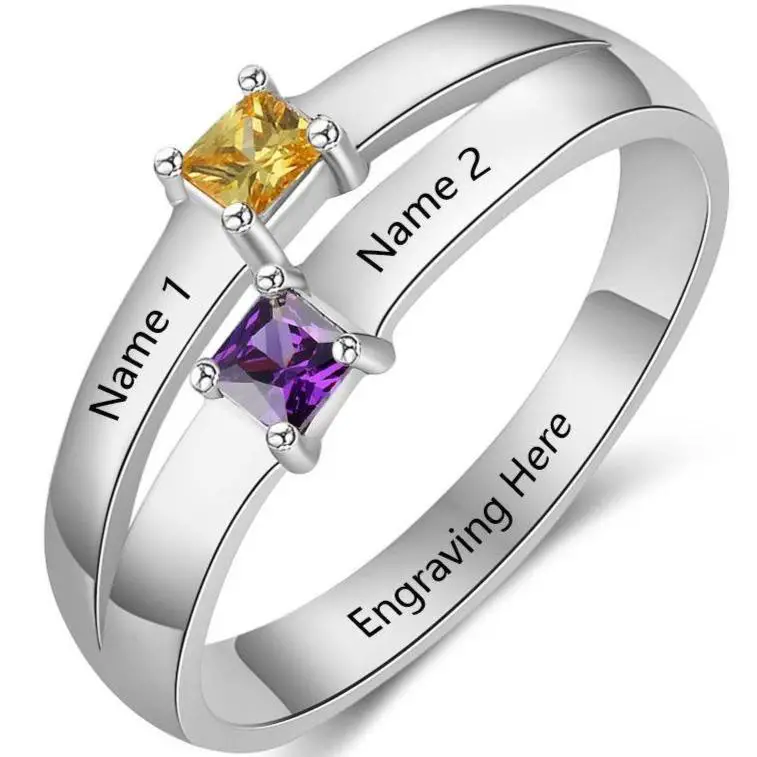 ThinkEngraved Peronalized Ring 6 Personalized 2 Pillow Cut Birthstone Mother's Ring With 2 Engraved Names