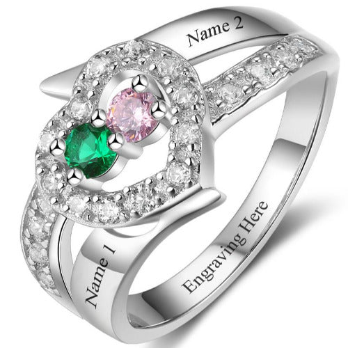 ThinkEngraved Peronalized Ring 6 Personalized Mother's Ring 2 Birthstones 2 Names Paved Heart