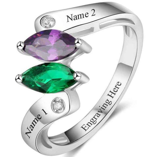 ThinkEngraved Peronalized Ring 7 Personalized Mother's Ring 2 Marquis Dual Birthstones 2 Engraved Names