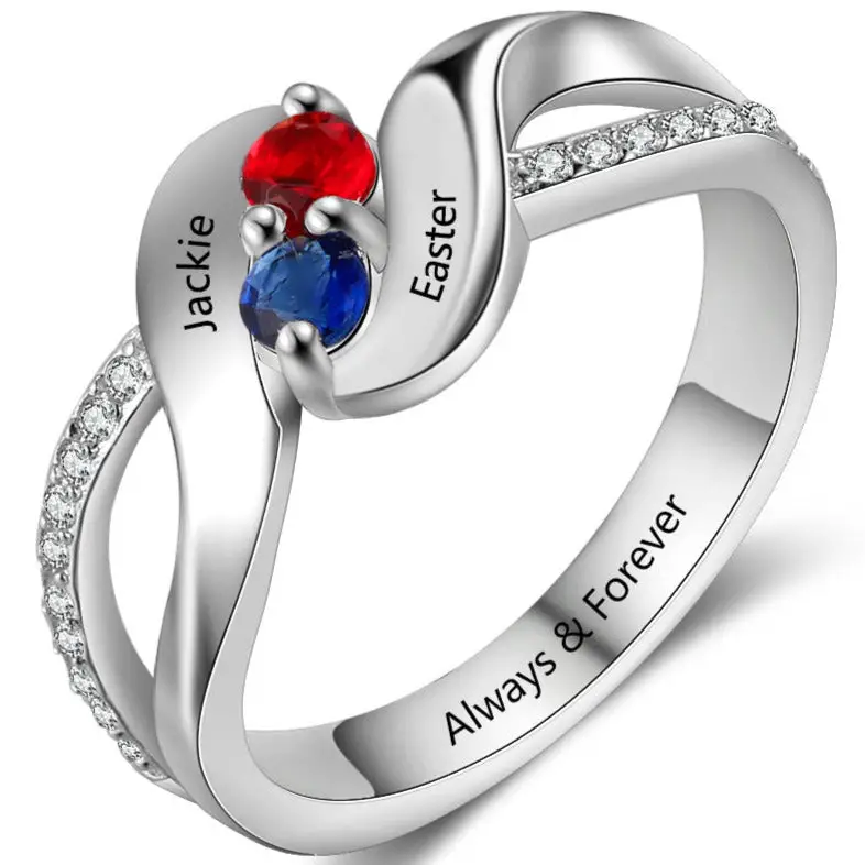 ThinkEngraved Peronalized Ring 6 Personalized Mothers Ring 2 Birthstone Swept Hearts 2 Engraved Names